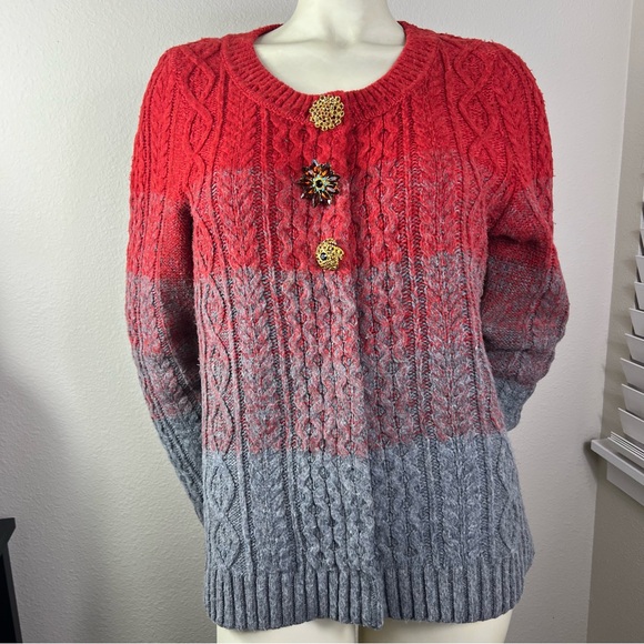 ANTHROPOLOGIE SLEEPING ON SNOW RED & GRAY WOOL CARDIGAN GOLD BUTTONS L Winter - Picture 2 of 8
